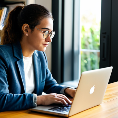 Home 6 A professional content creator, fully clothed in a modest yet stylish casual blazer and dark wash jeans, seated comfortably at a wooden desk in a sunlit home office. The subject, a person of ambiguous gender, is looking thoughtfully at a laptop screen, with a half-full coffee mug and a notebook beside them. The background features a blurred bookshelf and a soft-focus plant, evoking a warm and authentic atmosphere. The pose is natural, conveying a genuine sense of reflection and human connection. Perfect anatomy, correct proportions, well-formed hands, proper finger count, natural body proportions, safe for work, appropriate content, family-friendly, high quality professional photography, cinematic lighting.