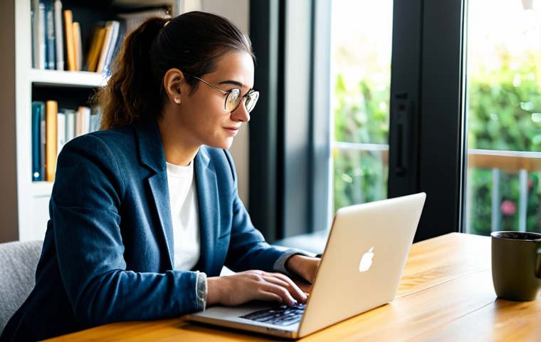 A professional content creator, fully clothed in a modest yet stylish casual blazer and dark wash jeans, seated comfortably at a wooden desk in a sunlit home office. The subject, a person of ambiguous gender, is looking thoughtfully at a laptop screen, with a half-full coffee mug and a notebook beside them. The background features a blurred bookshelf and a soft-focus plant, evoking a warm and authentic atmosphere. The pose is natural, conveying a genuine sense of reflection and human connection. Perfect anatomy, correct proportions, well-formed hands, proper finger count, natural body proportions, safe for work, appropriate content, family-friendly, high quality professional photography, cinematic lighting.