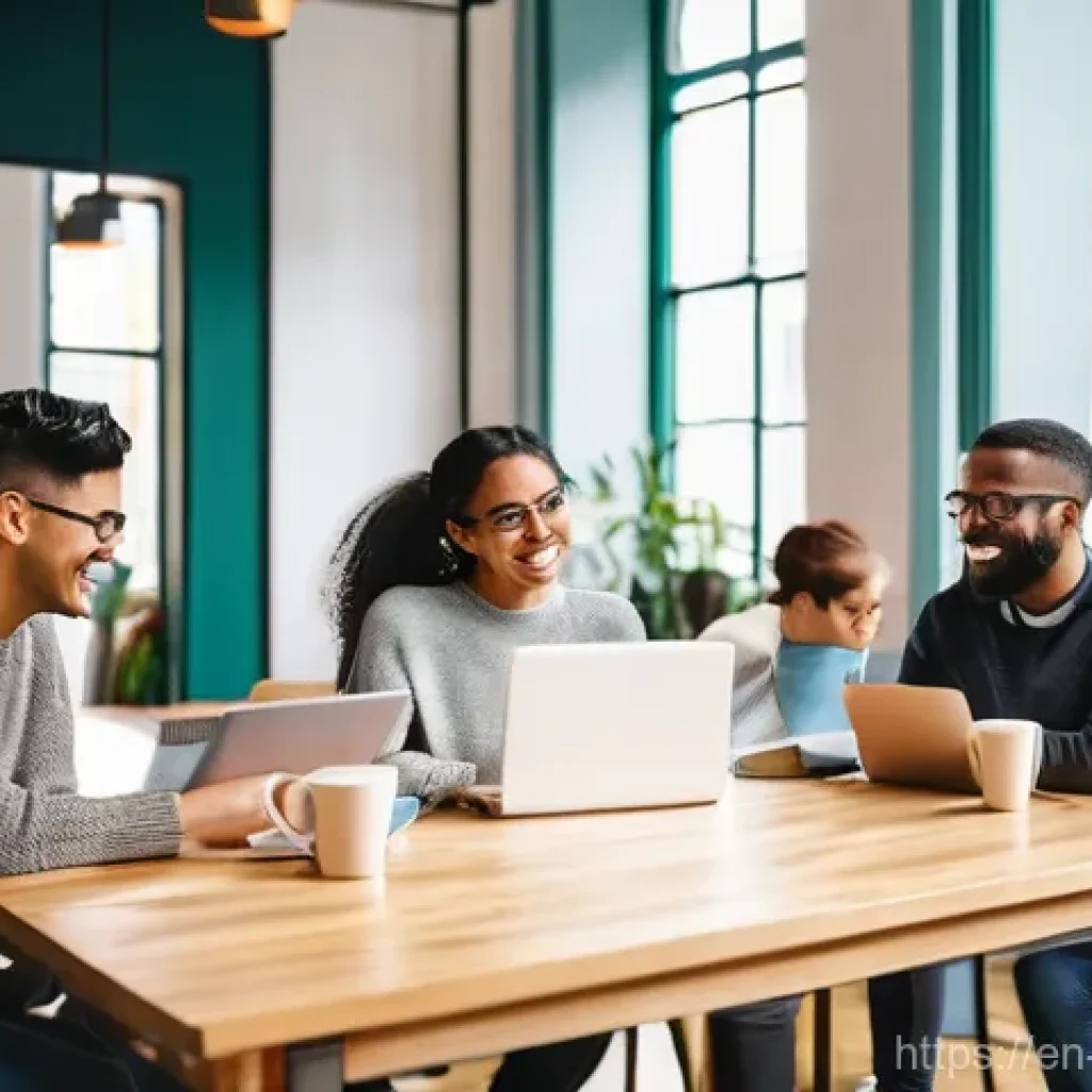 다양한 어휘로 풍부한 말하기 연습 - **Prompt:** A diverse group of young adults, aged 20-30, are gathered in a brightly lit, modern co-w...