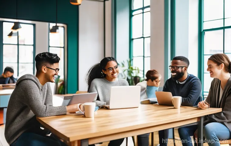 다양한 어휘로 풍부한 말하기 연습 - **Prompt:** A diverse group of young adults, aged 20-30, are gathered in a brightly lit, modern co-w...