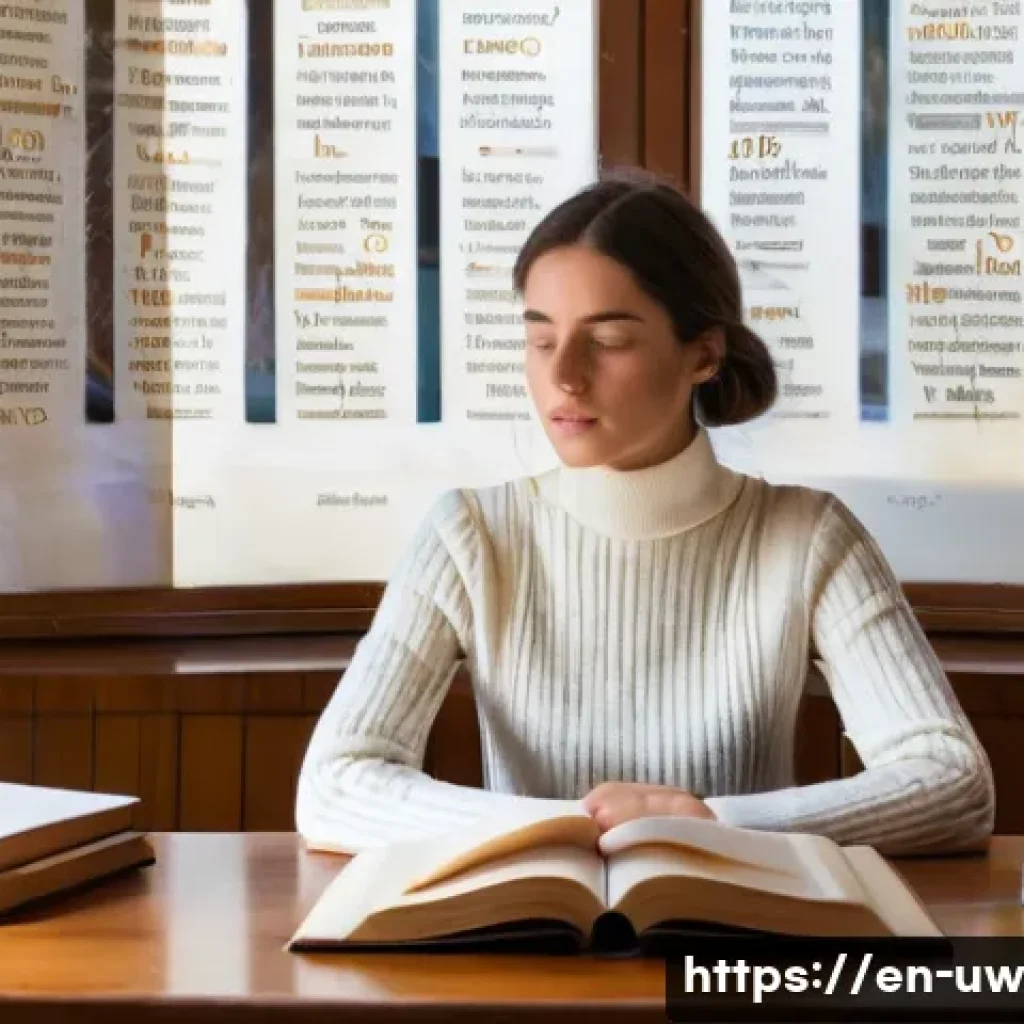어휘력 향상에 도움이 되는 국제 언어 - A focused, contemplative young woman, wearing a stylish but modest turtleneck sweater and fitted tro...