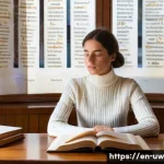 어휘력 향상에 도움이 되는 국제 언어 - A focused, contemplative young woman, wearing a stylish but modest turtleneck sweater and fitted tro...