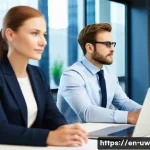 표현력 강화를 위한 감정 단어 리스트 - A modern office scene showing a diverse group of professionals engaged in a dynamic meeting, express...