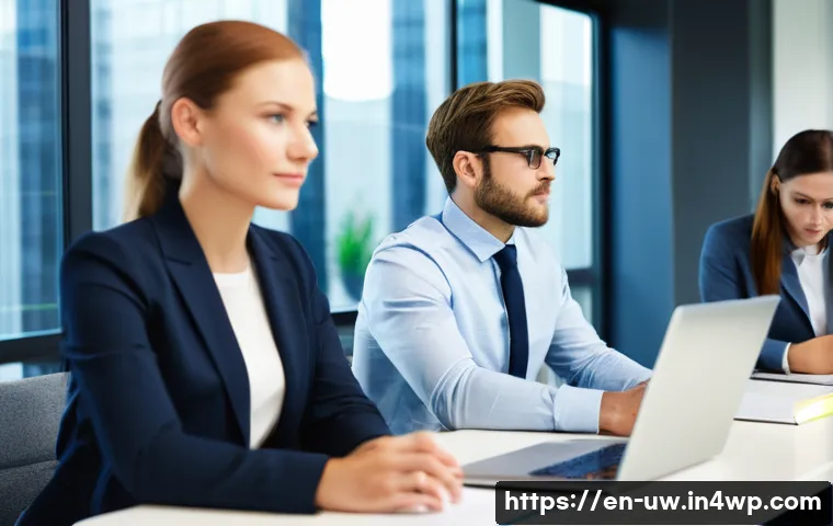 표현력 강화를 위한 감정 단어 리스트 - A modern office scene showing a diverse group of professionals engaged in a dynamic meeting, express...