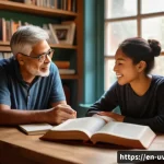 감정과 느낌을 표현하는 어휘 - A cozy, warmly lit study room with a diverse group of adults engaged in a deep conversation about em...