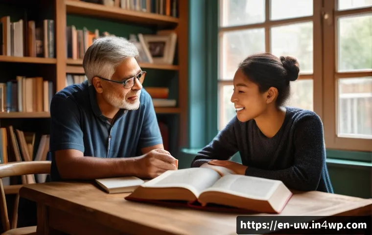 감정과 느낌을 표현하는 어휘 - A cozy, warmly lit study room with a diverse group of adults engaged in a deep conversation about em...