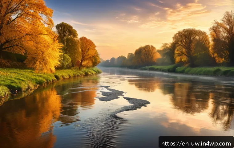 어휘력 향상을 위한 비유적 표현 연습 - A serene and vivid digital painting of a wide, gently flowing river under a glowing sunset sky, symb...